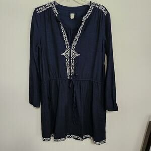 Gap Navy Blue Embroidered Mini Dress Sz M Drawstring Waist Pockets Lined
